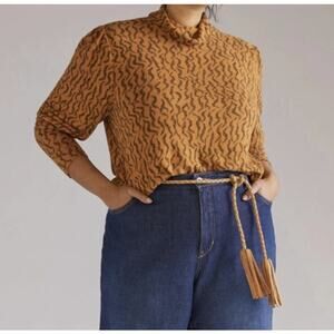 XL Anthropologie Puff-Sleeved Turtleneck Top Tiger Print Long-Sleeve Blouse Boho